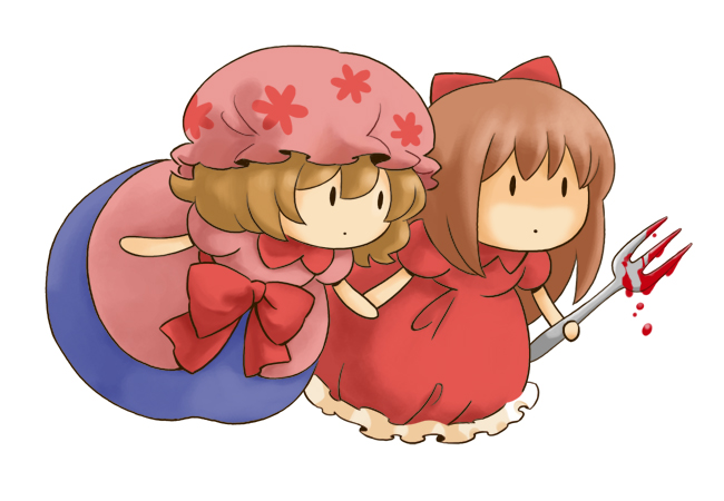 arata iri, hourai doll, shanghai doll, touhou, bad id, bad pixiv id, 2girls, blood, chibi, doll, female focus, fork, multiple girls