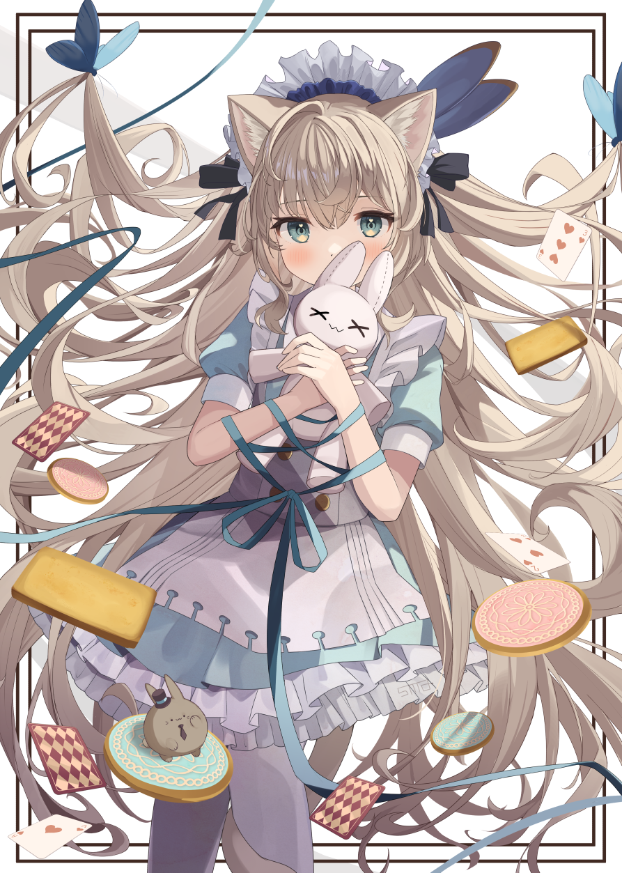 goma (u p), original, commentary request, highres, 1girl, animal ear fluff, animal ears, apron, arm ribbon, black ribbon, blonde hair, blue dress, blue ribbon, blush, cat ears, cat girl, cat tail, dress, feet out of frame, frilled dress, frills, green eyes, hair ribbon, holding, holding stuffed toy, long hair, looking at viewer, maid headdress, pantyhose, ribbon, short sleeves, solo, standing, stuffed animal, stuffed rabbit, stuffed toy, tail, two side up, white apron, white background, white pantyhose