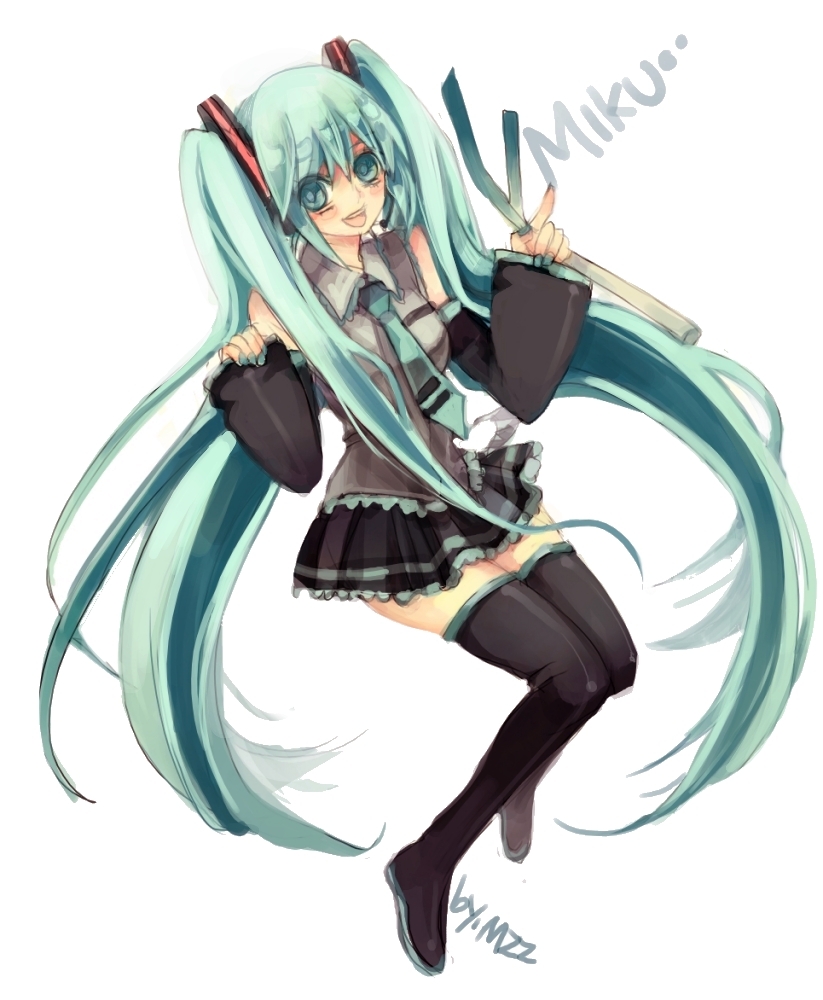 mzz, hatsune miku, vocaloid, bad id, bad pixiv id, aqua eyes, aqua hair, detached sleeves, headset, long hair, necktie, skirt, solo, spring onion, thighhighs, twintails, very long hair, zettai ryouiki