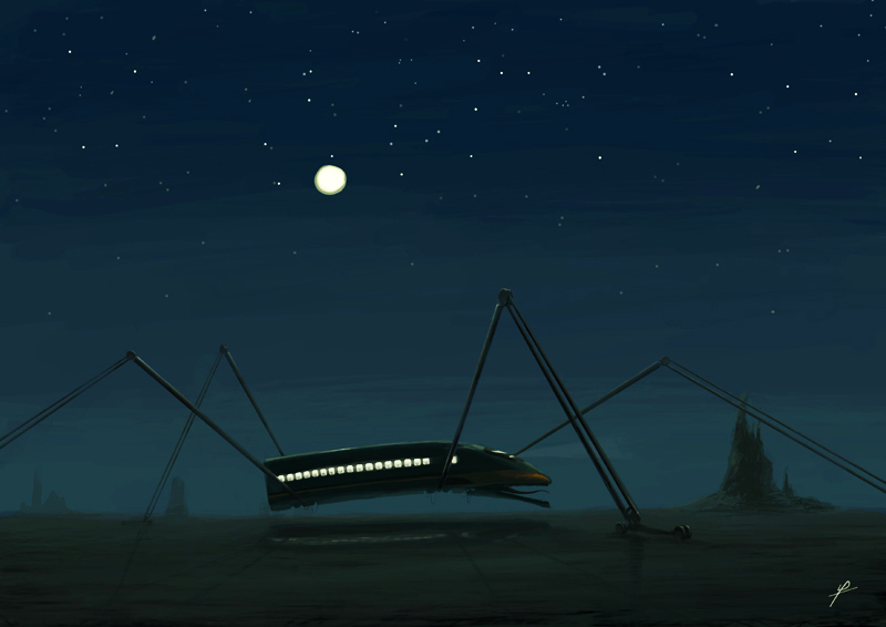 ldt, original, desert, full moon, long legs, machine, monster, monsterification, moon, night, night sky, open mouth, rock, sky, star (symbol), tongue, tongue out, train, walking