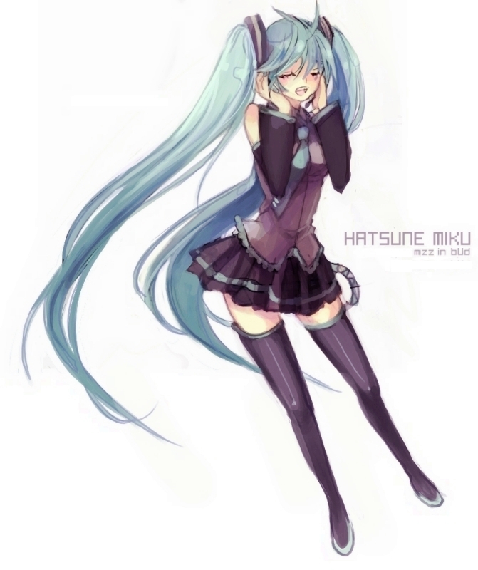 mzz, hatsune miku, vocaloid, bad id, bad pixiv id, aqua hair, closed eyes, detached sleeves, headset, long hair, necktie, skirt, solo, thighhighs, twintails, very long hair