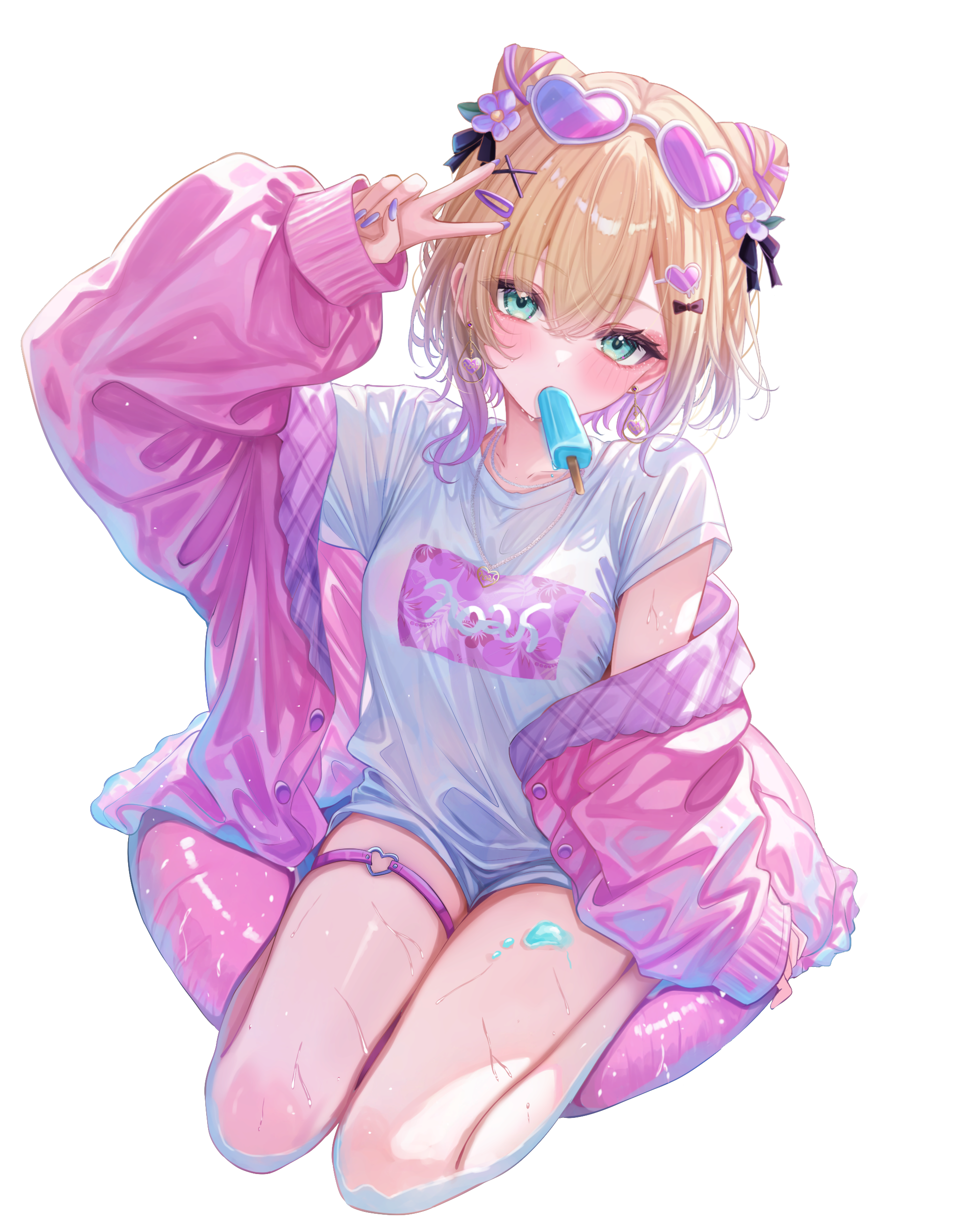 sa-ya2, kurumi noah, vspo!, absurdres, highres, 1girl, black bow, black ribbon, blonde hair, blush, bow, breasts, character name, collarbone, cone hair bun, double bun, earrings, fingernails, flower, food, food on body, food on legs, green eyes, hair between eyes, hair bow, hair bun, hair flower, hair ornament, hairclip, head tilt, heart, heart-shaped eyewear, heart earrings, heart hair ornament, heart necklace, heart o-ring, holding, holding food, holding popsicle, innertube, jacket, jewelry, long sleeves, looking at viewer, medium hair, mouth hold, multicolored hair, nail polish, necklace, o-ring, o-ring thigh strap, open clothes, open jacket, pink-tinted eyewear, pink hair, pink innertube, pink jacket, popsicle, purple flower, purple nails, ribbon, shirt, short sleeves, sleeves past wrists, solo, sweat, swim ring, t-shirt, thigh strap, thighs, tinted eyewear, two-tone hair, v, virtual youtuber, water, white-framed eyewear, white shirt