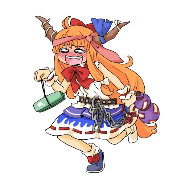 arata iri, ibuki suika, touhou, bad id, bad pixiv id, 1girl, drunk, female focus, horns, long hair, oni, orange hair, shoes, single shoe, solo