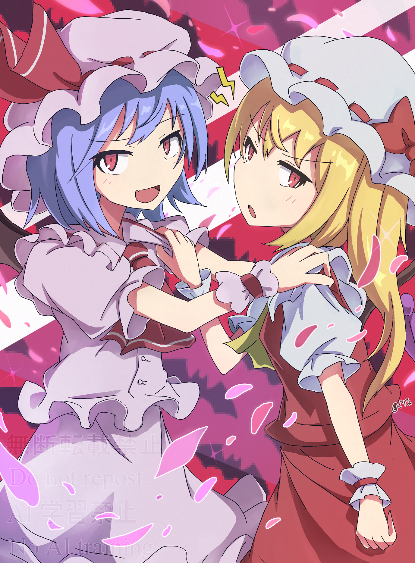 gurina 15, flandre scarlet, remilia scarlet, touhou, commentary request, highres, 2girls, ascot, blonde hair, blue hair, frilled wrist cuffs, frills, hat, long hair, looking at viewer, mob cap, multiple girls, open mouth, pink hat, pink shirt, pink skirt, puffy short sleeves, puffy sleeves, red ascot, red eyes, red shirt, red skirt, shinra-bansho, shirt, short hair, short sleeves, siblings, sisters, skirt, skirt set, white hat, wrist cuffs, yellow ascot