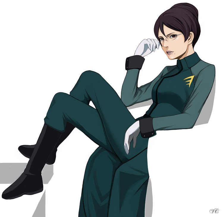 itori (clarice note), kati mannequin, gundam, gundam 00, bad id, bad pixiv id, 00s, brown eyes, brown hair, glasses, gloves, military, military uniform, mole, sitting, solo