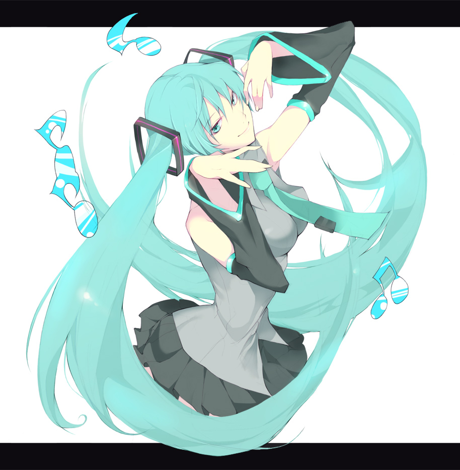 tsujisaki (coa3), tujisaki, hatsune miku, vocaloid, bad id, bad pixiv id, 1girl, aqua eyes, aqua hair, detached sleeves, female focus, letterboxed, long hair, musical note, necktie, skirt, smirk, solo, square-end necktie, twintails, very long hair