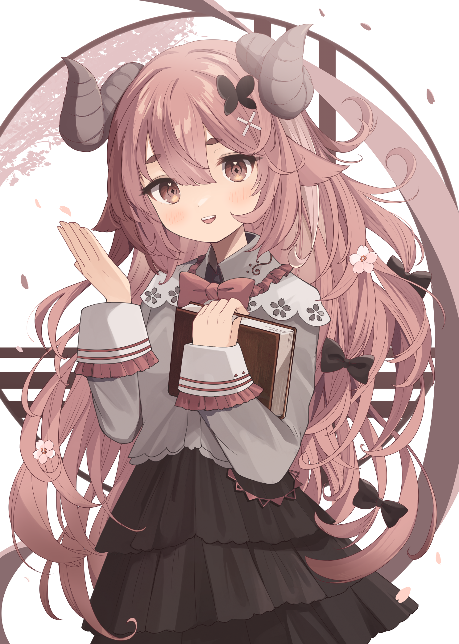 goma (u p), original, commentary request, highres, 1girl, black bow, black skirt, book, bow, bowtie, breasts, brown bow, brown bowtie, brown eyes, brown hair, dot nose, frilled sleeves, frills, grey shirt, hair bow, hair ornament, holding, holding book, horns, layered skirt, long hair, long sleeves, looking at viewer, open mouth, shirt, skirt, small breasts, solo, teeth, upper teeth only, very long hair