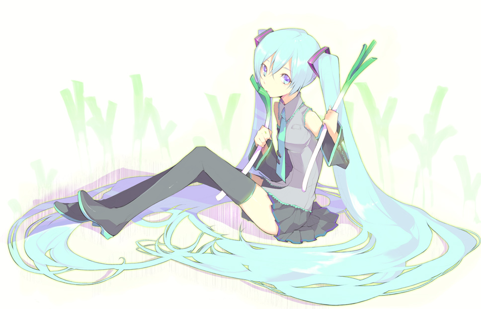 tsujisaki (coa3), tujisaki, hatsune miku, vocaloid, bad id, bad pixiv id, 1girl, blue eyes, blue hair, detached sleeves, female focus, long hair, matching hair/eyes, necktie, sitting, skirt, solo, spring onion, thighhighs, twintails, very long hair, zettai ryouiki