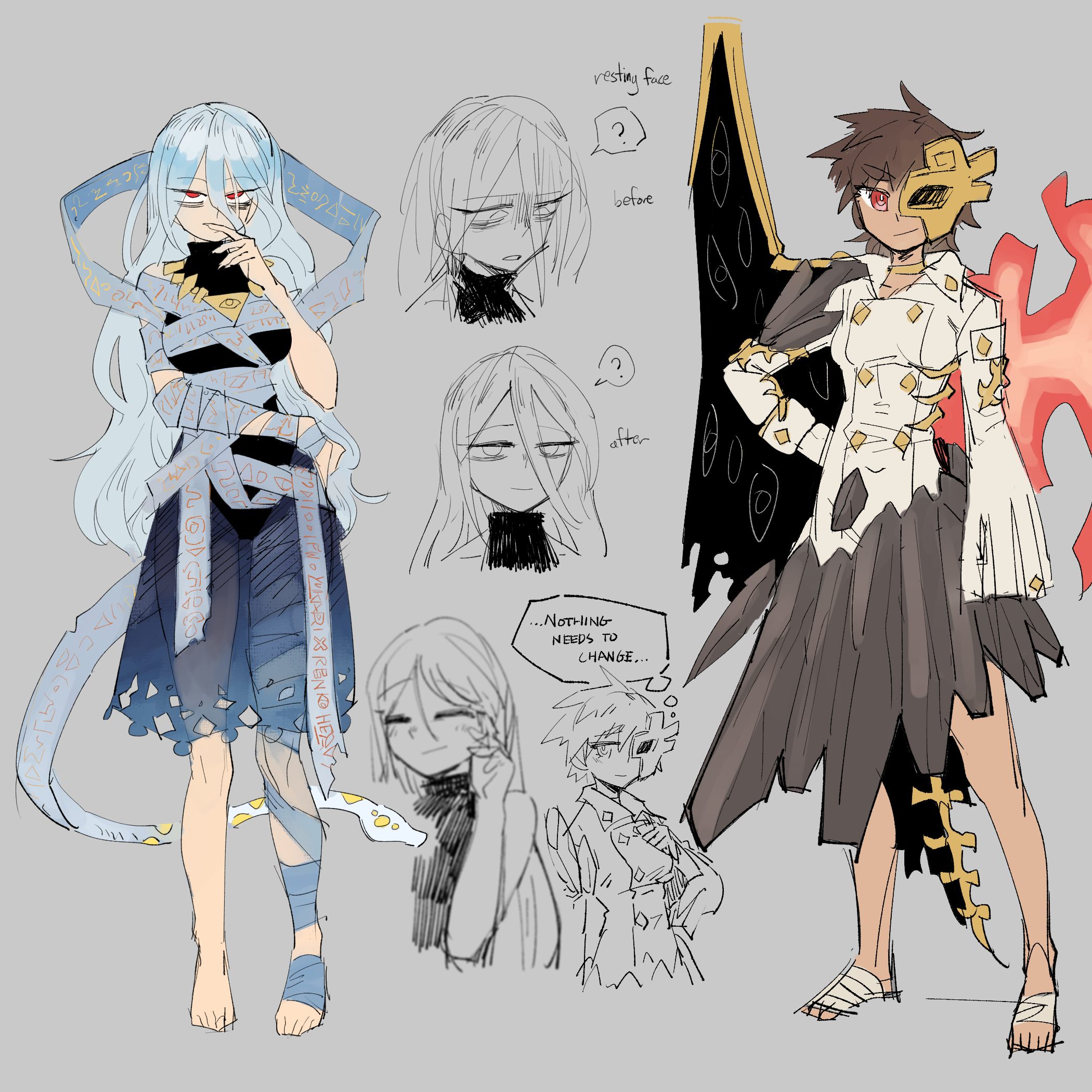 kaibootsu, iwanaga ariya, yuiman asama, touhou, commentary, english commentary, highres, 2girls, asymmetrical wings, bone, brown mask, dinosaur skeleton, dress, english text, eye of providence, eye print, eyes on wings, eyeshadow, fiery wings, full body, gold buttons, gradient sash, hair between eyes, half mask, long hair between eyes, makeup, mask, mask over one eye, multiple girls, ribbon around body, skeletal clothes, skeletal tail, skeletal wings, smile, snake, snake wrapped around body, spinal cord, tail, torn clothes, torn dress, turtleneck, turtleneck dress, wings