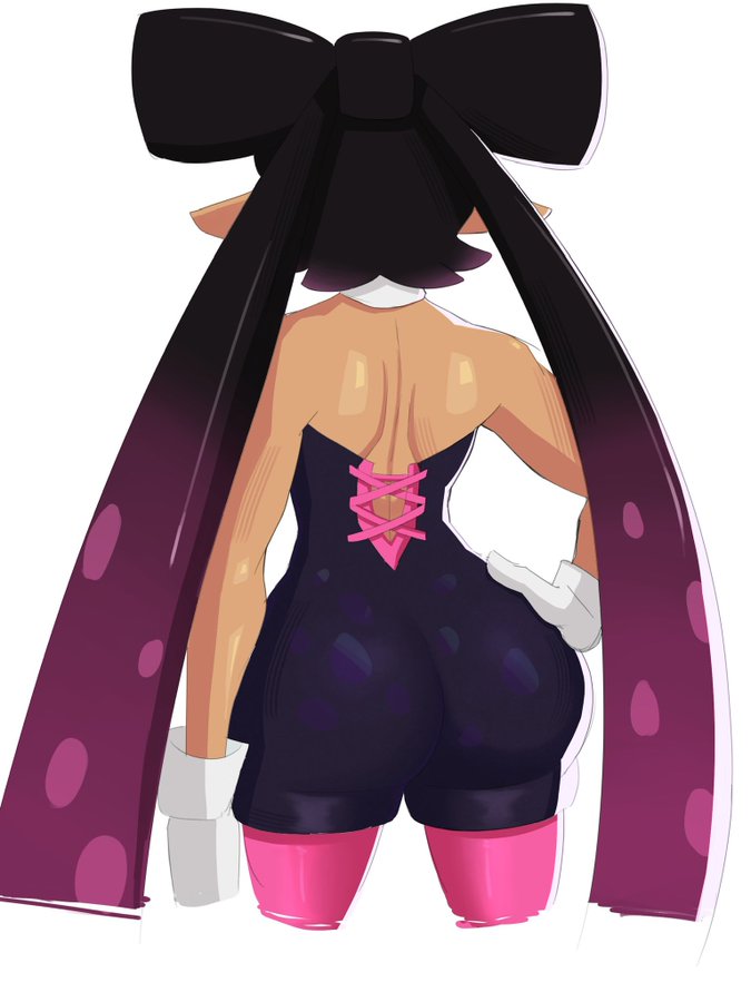 back to zero, callie (splatoon), nintendo, splatoon (series), 1girl, ass, bare shoulders, from behind, gloves, jumpsuit, pointy ears, sleeveless, tentacle hair, twintails, white background