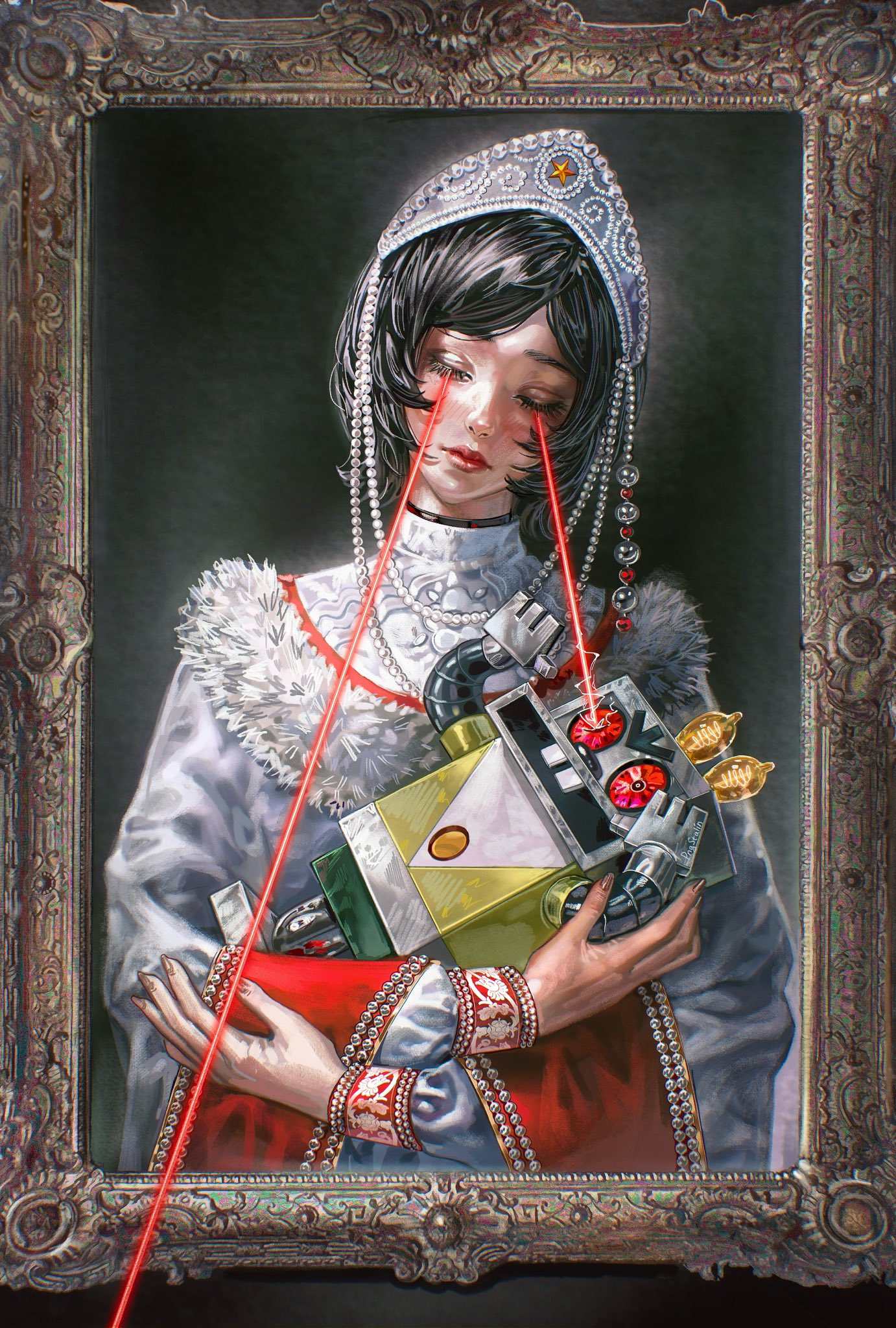 original, well just you wait!, highres, 1girl, animal, black hair, border, closed eyes, eye beam, holding, holding animal, holding rabbit, kokoshnik, laser, light bulb, ornate border, picture frame, png stalin, rabbit, red eyes, red lips, robot hare (well just you wait!), russian clothes, upper body