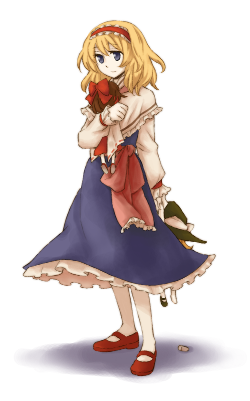 arata iri, alice margatroid, hakurei reimu, kirisame marisa, touhou, bad id, bad pixiv id, 1girl, blonde hair, blue eyes, character doll, doll, dress, female focus, full body, hairband, solo, standing, transparent background