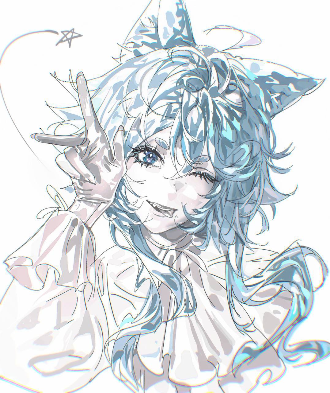 original, highres, animal ears, blue eyes, blue hair, eyelashes, frilled shirt, frills, limited palette, long hair, one eye closed, png stalin, shirt, sketch, solo, star (symbol), tongue, tongue out, upper body, v
