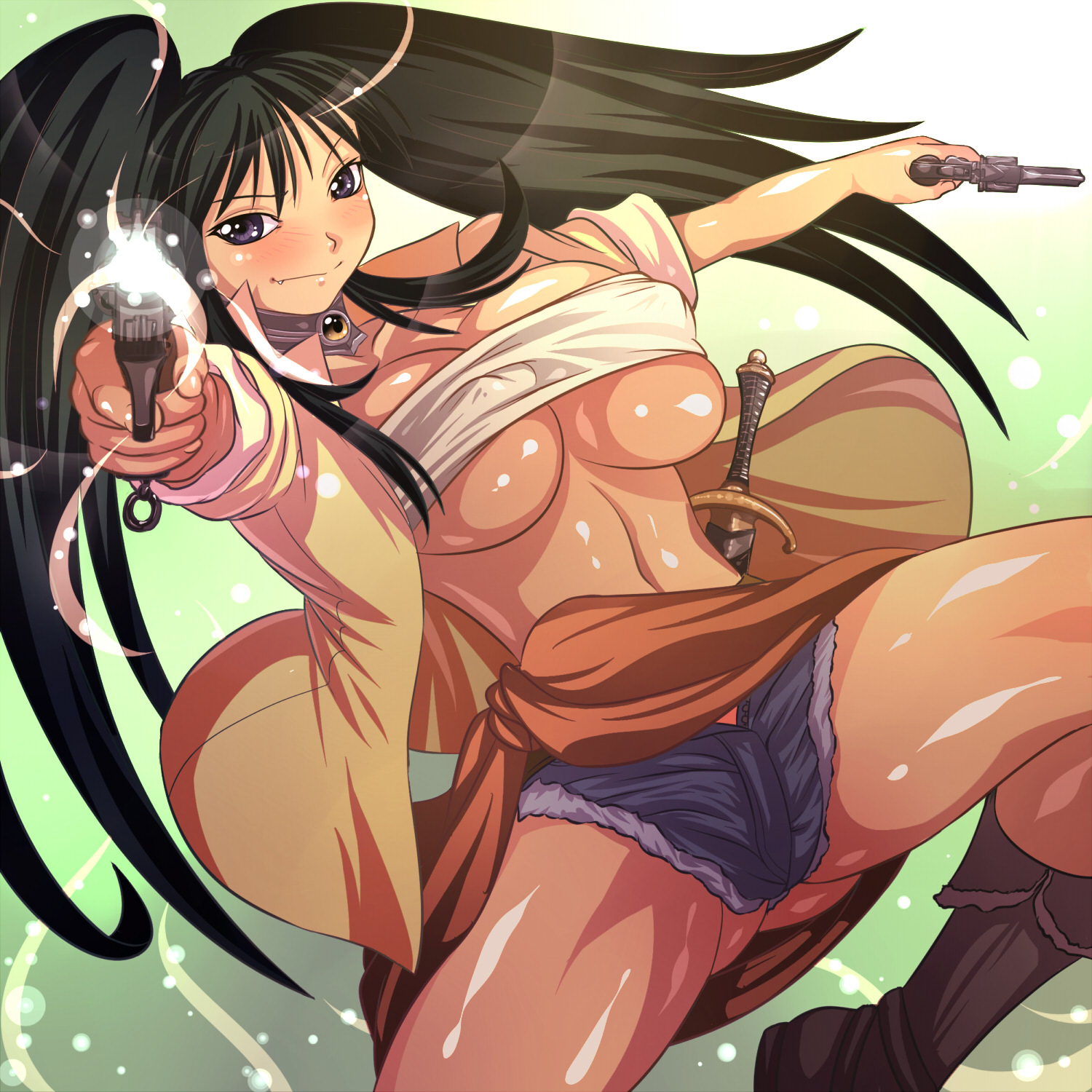 yuuyan, sword world, bad id, bad pixiv id, highres, 1girl, aiming, aiming at viewer, breasts, choker, covered erect nipples, denim, denim shorts, dual wielding, fang, female focus, firing, gun, handgun, hands on own hips, holding, holding gun, holding weapon, large breasts, nipples, pistol, puffy nipples, revolver, shorts, solo, sword, twintails, underboob, weapon