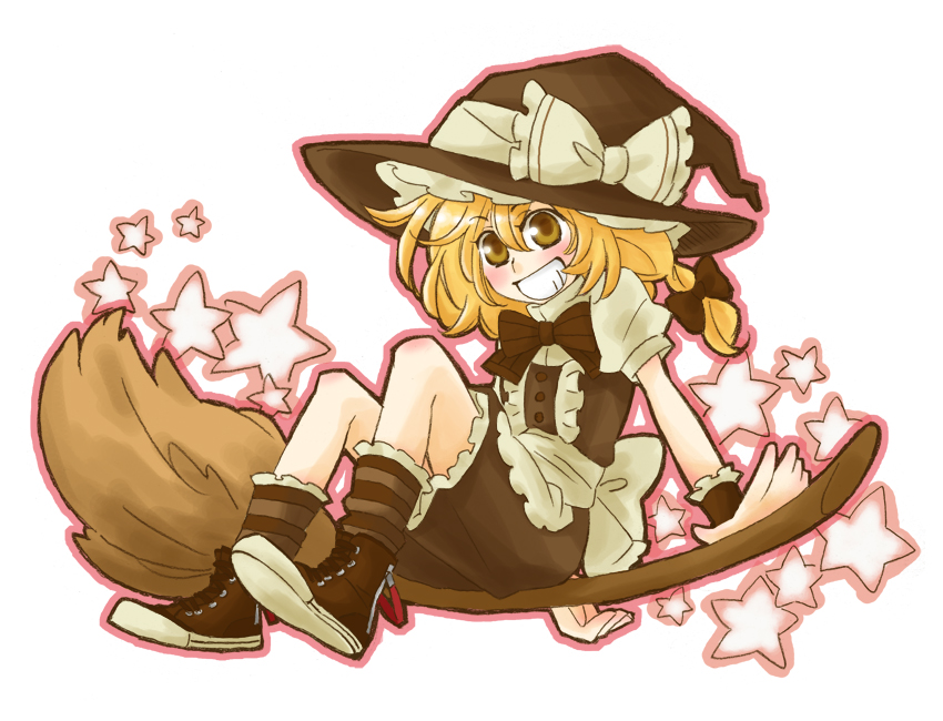 arata iri, kirisame marisa, touhou, bad id, bad pixiv id, 1girl, blonde hair, braid, broom, female focus, grin, hat, smile, solo, witch, witch hat
