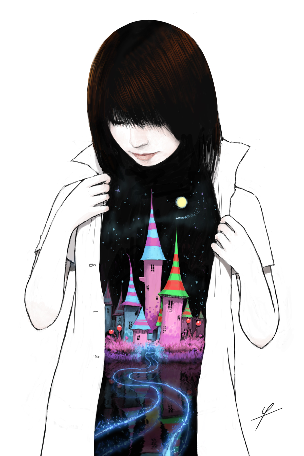ldt, original, highres, 1girl, castle, closed eyes, coat, medium hair, moon, simple background, sky, solo, star (sky), starry sky, white background, white coat
