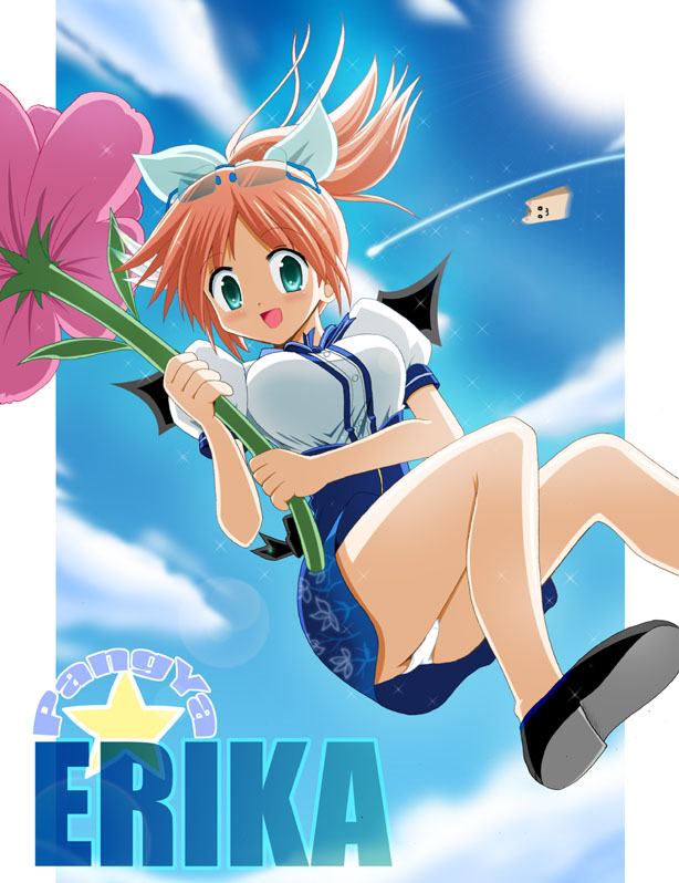 hana, minami shinju, hana (pangya), papel (pangya), pangya, 1girl, :3, aqua eyes, bad anatomy, bat wings, blush, day, female focus, flower, glasses, panties, pantyshot, ponytail, poorly drawn, ribbon, shoes, sky, smile, solo, sunglasses, underwear, upskirt, wings