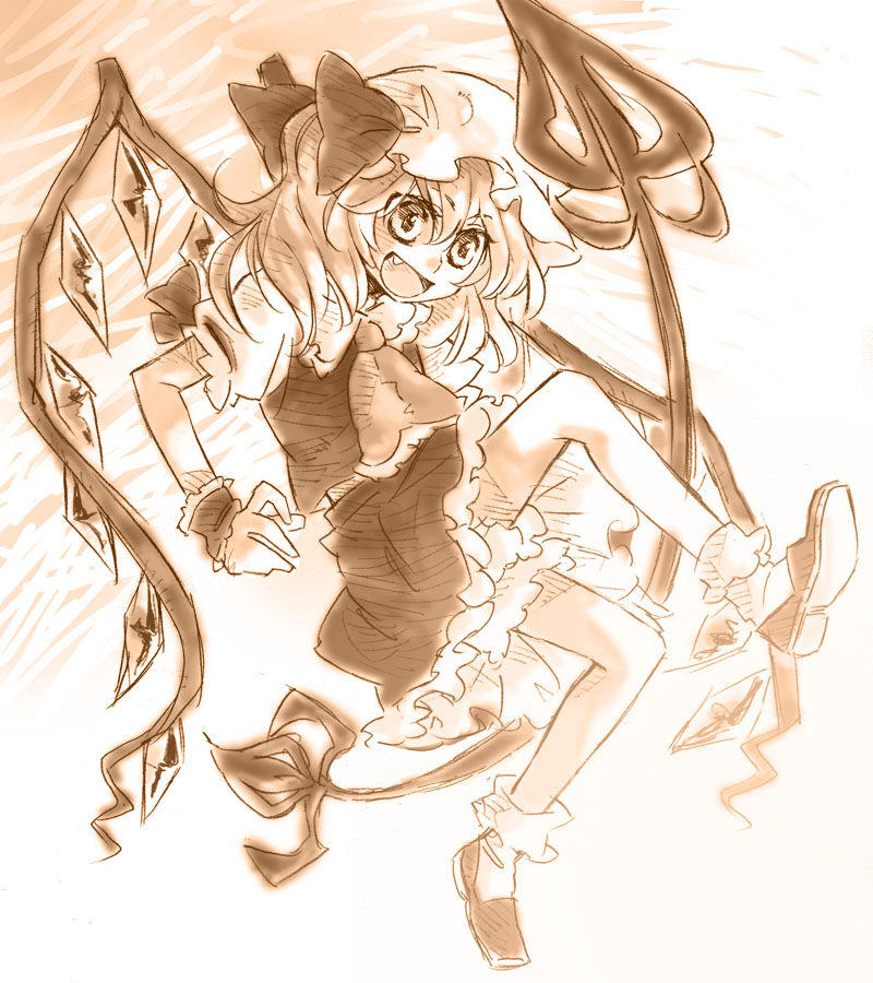 arata iri, flandre scarlet, touhou, bad id, bad pixiv id, 1girl, brown theme, fang, female focus, hat, laevatein, mob cap, monochrome, sketch, socks, solo, vampire, wings