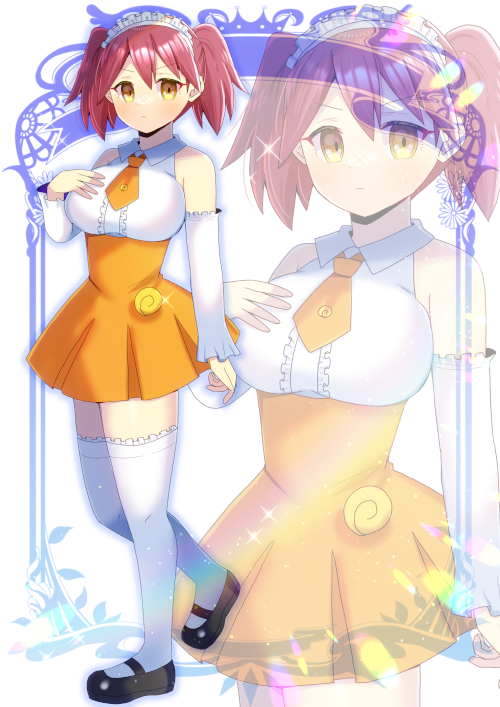 kou hiyoyo, character request, commission, copyright request, skeb commission, 1girl, black shoes, breasts, closed mouth, collared shirt, detached sleeves, high-waist skirt, large breasts, looking at viewer, necktie, orange necktie, orange skirt, red hair, shirt, shoes, short necktie, skirt, sleeveless, sleeveless shirt, thighhighs, twintails, white shirt, white thighhighs, yellow eyes, zoom layer