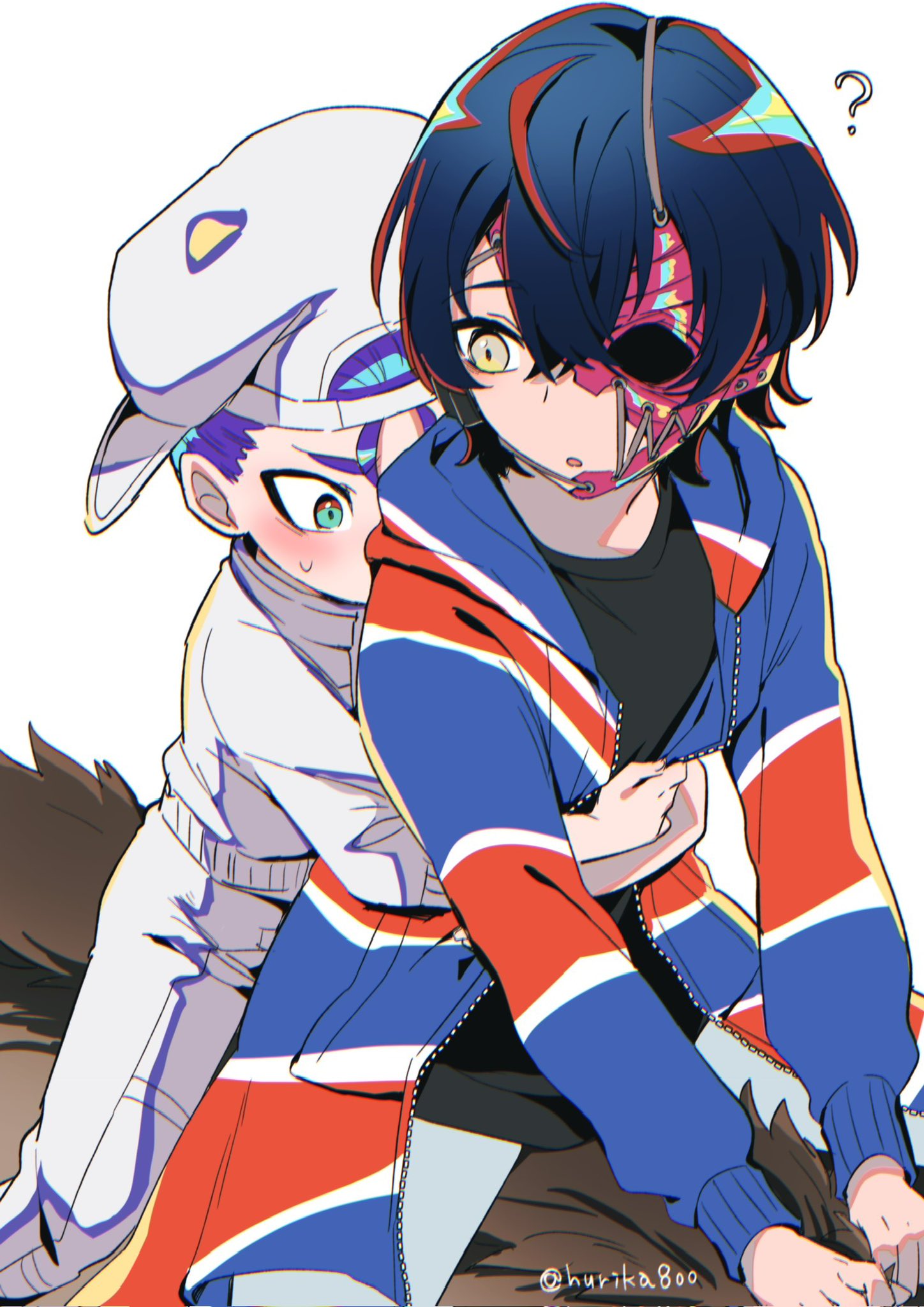 highres, 1boy, 1girl, :o, ?, black hair, black shirt, blue eyes, blush, hair between eyes, half mask, hat, hetero, hug, hug from behind, hurika800, jacket, ku otsuki, long sleeves, mask, multicolored eyes, open clothes, open jacket, orange eyes, pants, purple hair, rei shimobe, reverse trap, shirt, short hair, shuten order, simple background, sitting on animal, sweatdrop, twitter username, two-tone eyes, white background, white hat, white pants, white shirt, yellow eyes