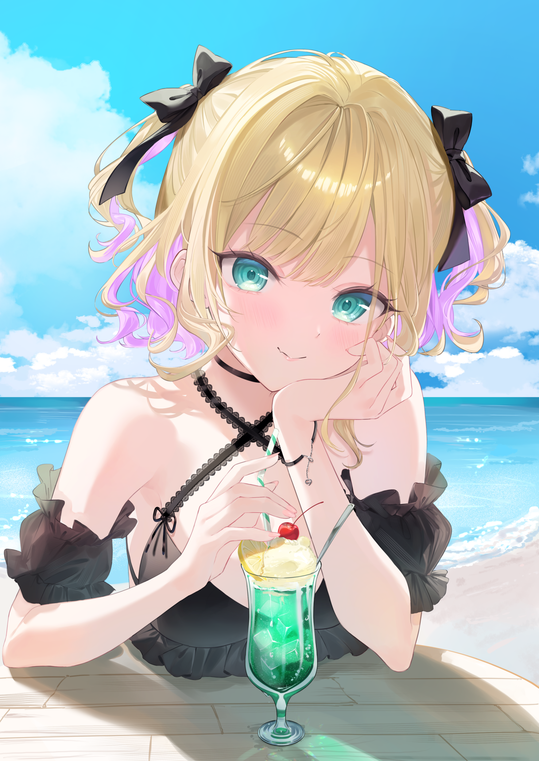 shinomiya ino, kurumi noah, vspo!, absurdres, commentary, highres, 1girl, bare shoulders, beach, bikini, black bikini, black bow, black choker, black sleeves, blue sky, blush, bow, bracelet, breasts, cherry, choker, closed mouth, cloud, cloudy sky, colored inner hair, day, detached sleeves, drink, drinking straw, fang, fingernails, food, fruit, green eyes, hair bow, hand on own cheek, hand on own face, ice cream, jewelry, lemon, lemon slice, looking at viewer, medium hair, multicolored hair, nail polish, ocean, outdoors, pink hair, pink lips, pink nails, sand, short sleeves, skin fang, sky, smile, solo, spoon, swimsuit, two-tone hair, two side up, virtual youtuber