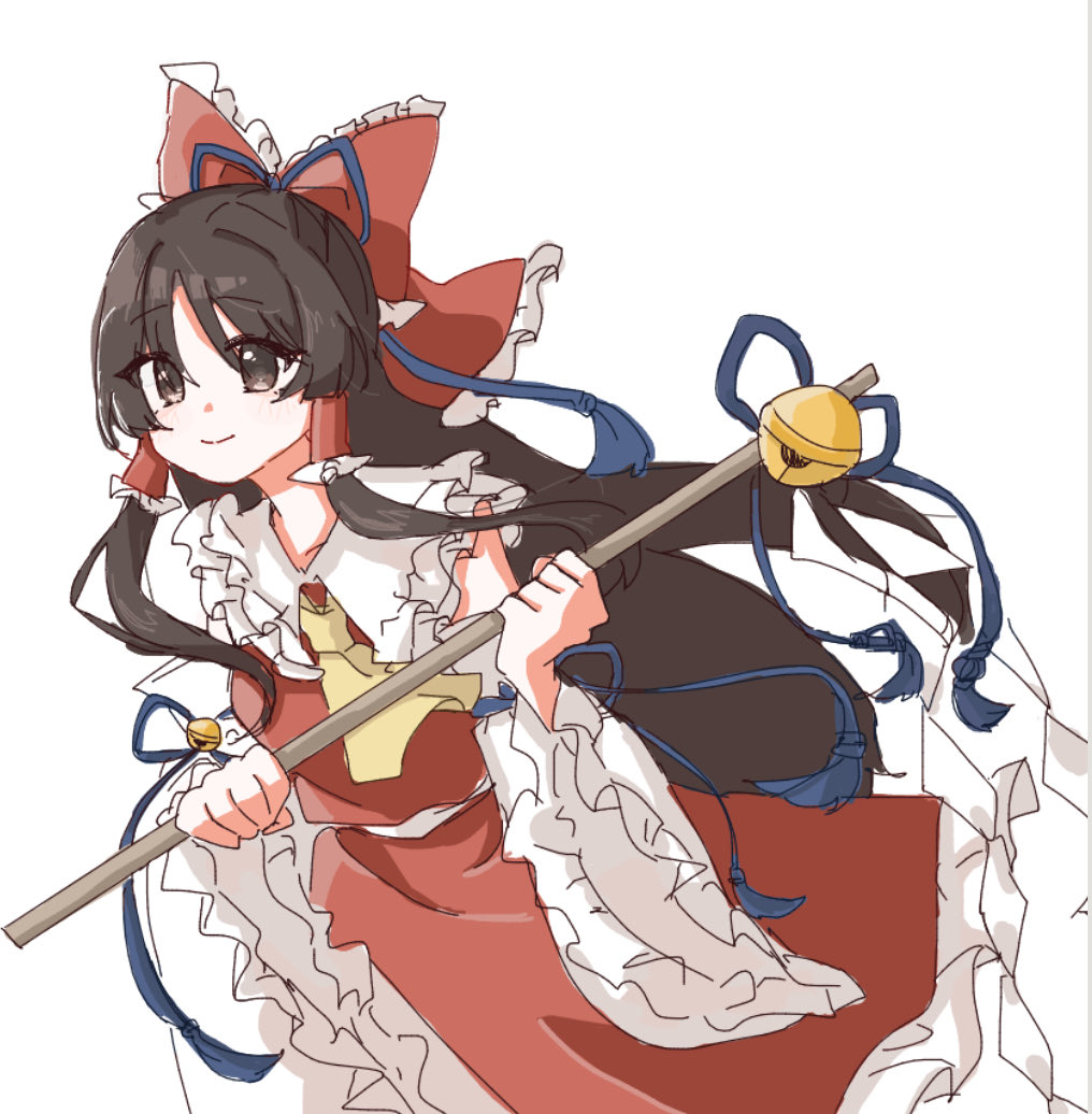 hakurei reimu, touhou, commentary, 1girl, ascot, bare shoulders, bell, bow, brown eyes, brown hair, detached sleeves, frilled bow, frilled hair tubes, frilled skirt, frilled sleeves, frills, hair bow, hair tubes, jingle bell, long hair, looking to the side, nontraditional miko, papimaru392901, red bow, red shirt, red skirt, shirt, simple background, skirt, skirt set, sleeveless, sleeveless shirt, smile, solo, white background, wide sleeves, yellow ascot