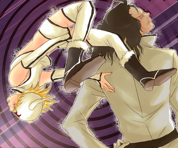 locoe, coyote starrk, lilinette, lilynette gingerbuck, bleach, black footwear, bad id, bad pixiv id, 00s, 1boy, 1girl, :o, age difference, arched back, arrancar, ass, bare shoulders, black hair, blonde hair, bone, boots, crop top, cropped vest, detached sleeves, facial hair, fake horns, flame print, flat chest, from behind, full body, fur trim, gloves, goatee, goatee stubble, half-closed eyes, hand on own hip, head tilt, helmet, high collar, high heel boots, high heels, hollow (bleach), horned helmet, horns, looking to the side, looking up, midriff, number tattoo, open mouth, outline, outstretched arms, profile, purple background, red eyes, sash, short hair, short shorts, shorts, sleeves past wrists, spread legs, stubble, tattoo, thighhighs, upper body, upside-down, vest, wavy hair, white thighhighs