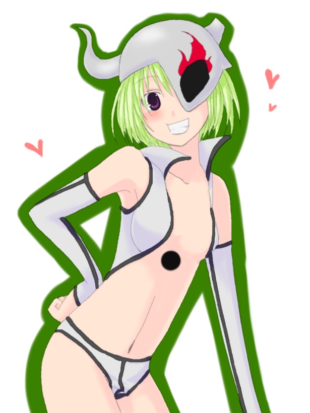 kasu yasuto, lilynette gingerbuck, bleach, 00s, 1girl, arrancar, detached sleeves, female focus, green hair, heart, loli, sketch, smile, solo