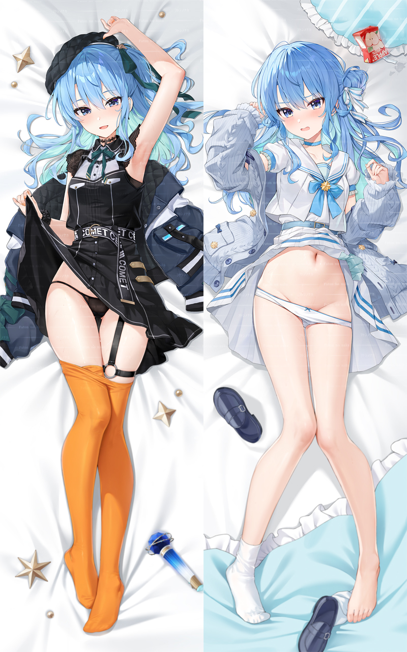 acco (sh in), hololive, highres, 1girl, dakimakura (medium), dakimakura (object), flat chest, long hair, pillow, virtual youtuber
