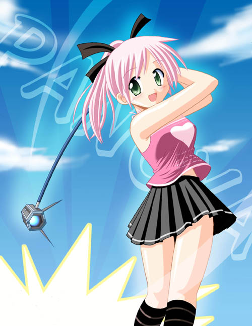 hana, minami shinju, hana (pangya), pangya, 1girl, blush, day, female focus, green eyes, pink hair, ponytail, ribbon, skirt, sky, smile, socks, solo