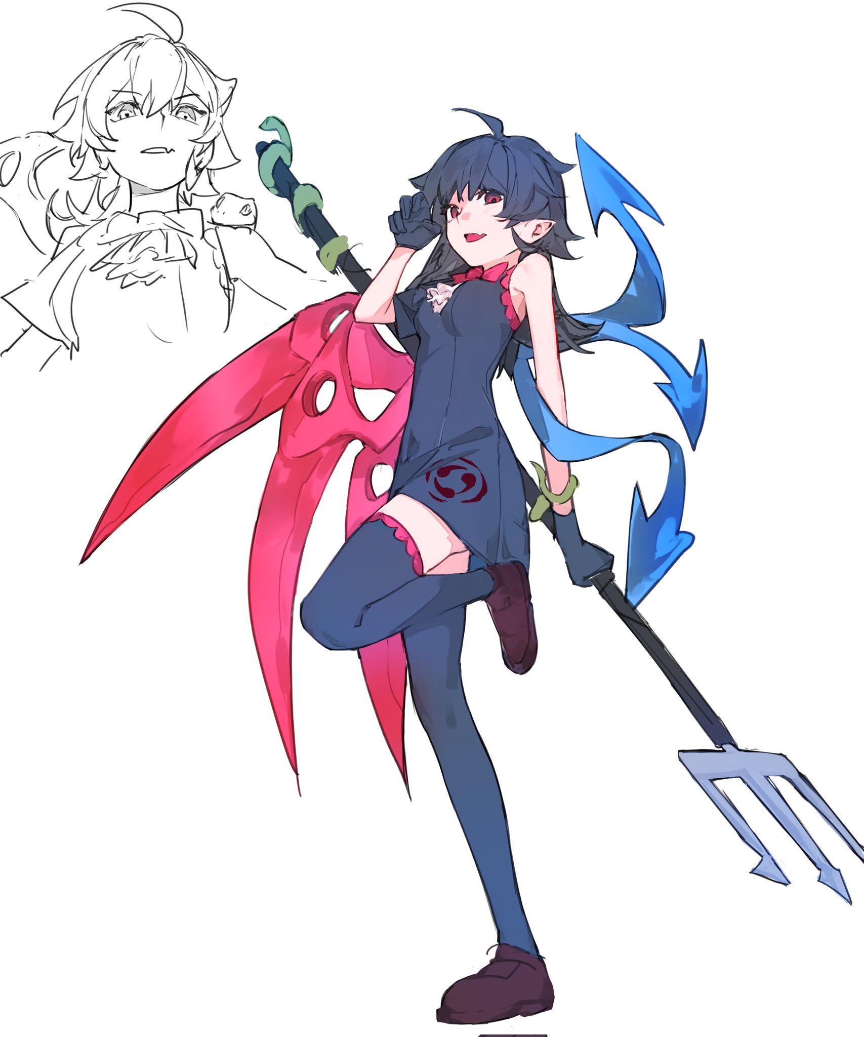 houjuu nue, touhou, highres, 1girl, asymmetrical wings, black dress, black gloves, black hair, black shoes, black thighhighs, blue wings, bow, bowtie, dress, full body, gloves, multiple views, polearm, red bow, red bowtie, red eyes, red wings, shoes, sleeveless, sleeveless dress, takoyaki5221, thighhighs, trident, weapon, white background, wings