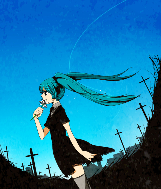 tsuyuko, hatsune miku, hatsune miku (saihate), saihate (vocaloid), vocaloid, bad id, bad pixiv id, aqua hair, cross, dress, flower, sky, solo, thighhighs, twintails