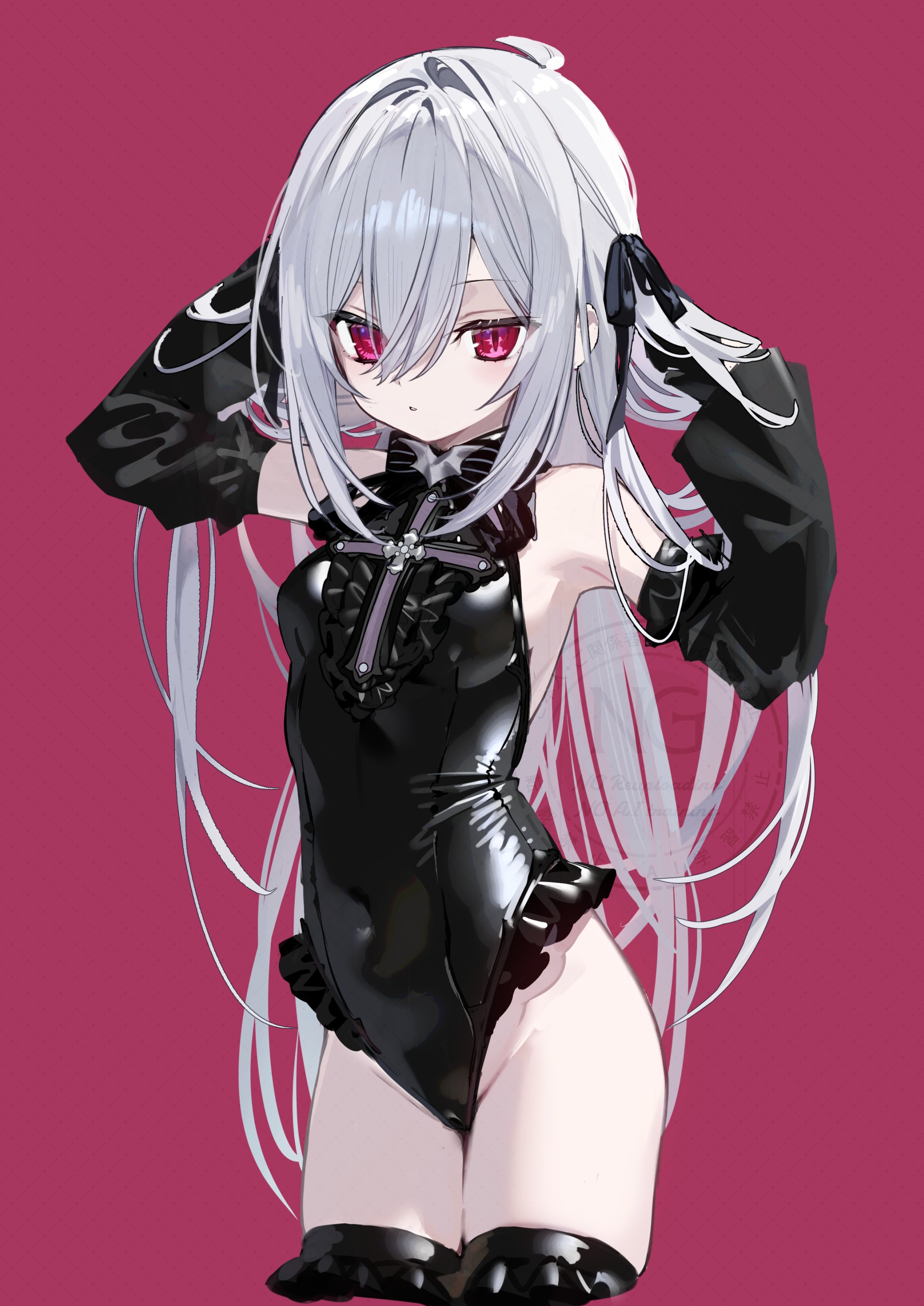 yamanasi mikage, original, absurdres, highres, 1girl, bare shoulders, black gloves, black leotard, black ribbon, black sleeves, black thighhighs, breasts, closed mouth, detached sleeves, frilled leotard, frills, gloves, grey hair, groin, hair between eyes, hair ribbon, highleg, highleg leotard, leotard, long hair, purple background, purple eyes, ribbon, simple background, small breasts, solo, thighhighs, two side up, very long hair