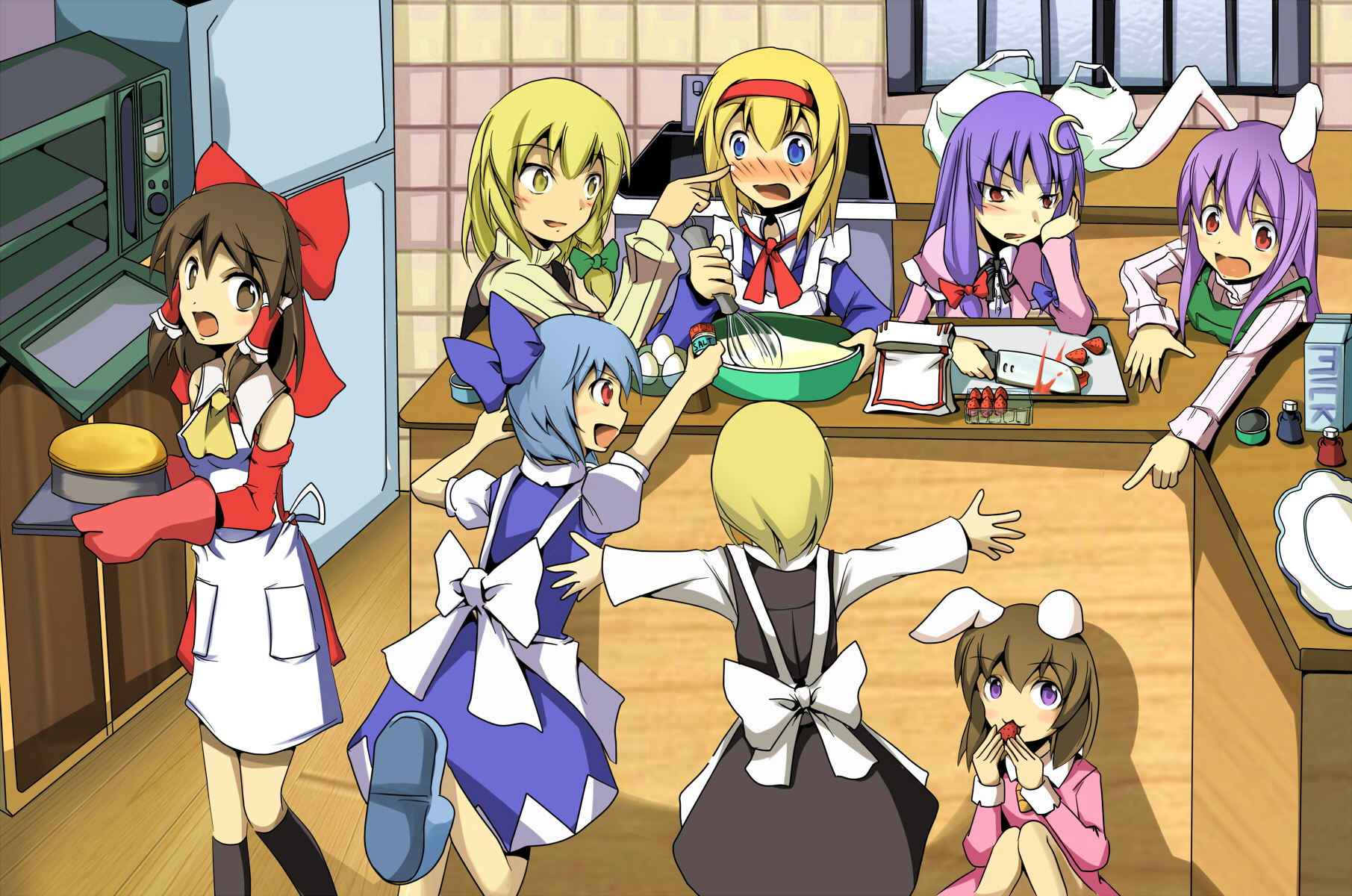 mukuroi, alice margatroid, cirno, hakurei reimu, inaba tewi, kirisame marisa, patchouli knowledge, reisen udongein inaba, rumia, shoot the bullet, touhou, highres, 6+girls, baking, blonde hair, blue eyes, blue hair, brown eyes, brown hair, cake, cooking, dress, female focus, food, hairband, indoors, kitchen knife, knife, multiple girls, pastry, purple eyes, purple hair, red eyes, short hair, upper body, yellow eyes