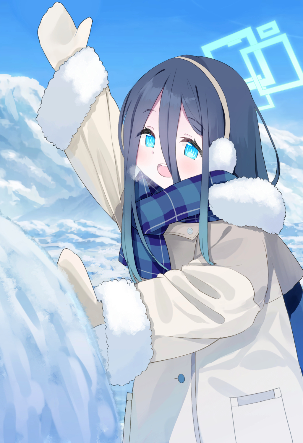 suchiimu, aris (blue archive), aris (winter) (blue archive), blue archive, commentary, highres, symbol-only commentary, 1girl, :d, aqua eyes, aqua halo, arm up, black hair, blue scarf, blue sky, blush, breath, brown coat, brown mittens, buttons, coat, day, double-parted bangs, earmuffs, fur-trimmed coat, fur-trimmed sleeves, fur trim, hair between eyes, halo, hood, hood down, hooded coat, long bangs, long hair, long hair between eyes, long sidelocks, long sleeves, looking at viewer, mittens, multicolored scarf, official alternate costume, open mouth, outdoors, plaid clothes, plaid scarf, pocket, rectangular halo, ringed eyes, scarf, sidelocks, sky, smile, snow, snowball, solo, teeth, upper body, upper teeth only, wide sleeves, winter, winter clothes, winter coat