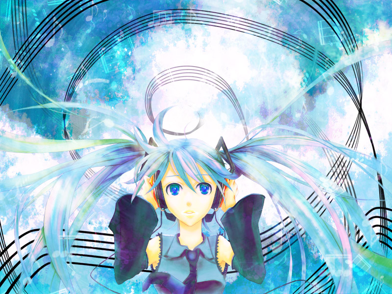 shintaniya, hatsune miku, vocaloid, voice (first sound story) (vocaloid), bad id, bad pixiv id, md5 mismatch, 1girl, blue eyes, blue hair, detached sleeves, female focus, long hair, matching hair/eyes, musical note, necktie, solo, twintails