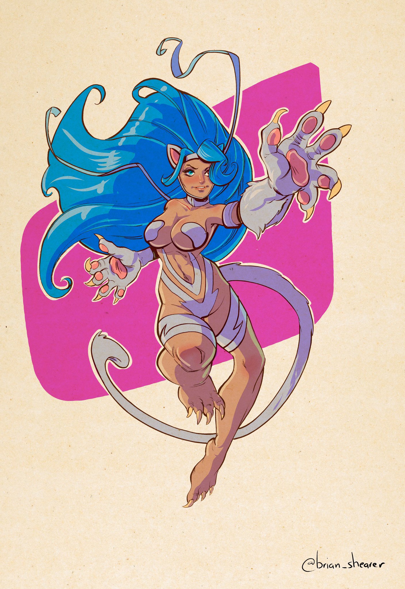 felicia (darkstalkers), darkstalkers, 1girl, animal ears, animal hands, bare shoulders, blue eyes, breasts, brian shearer, cat ears, cat tail, claws, dark-skinned female, dark skin, long hair, tail, very long hair, white fur