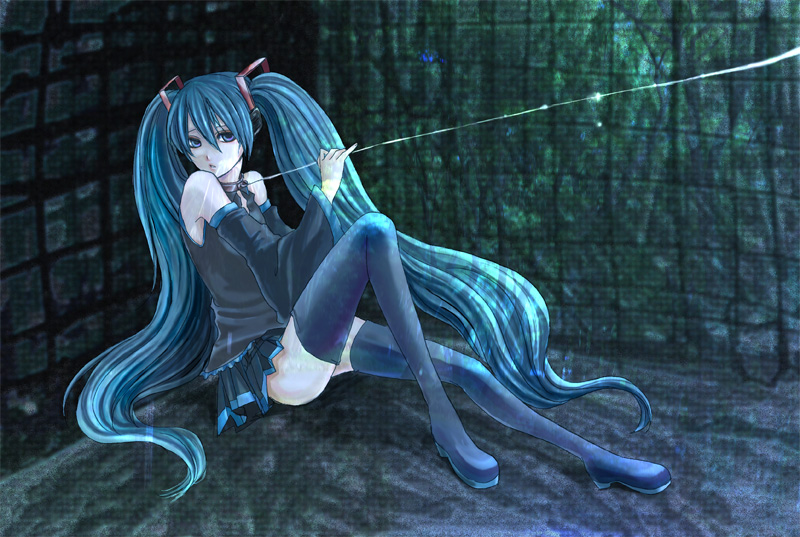 saitou de shita, saitou deshita, hatsune miku, vocaloid, 1girl, aqua eyes, aqua hair, bare shoulders, blue eyes, blue hair, boots, collar, detached sleeves, female focus, hair ornament, headphones, leash, long hair, matching hair/eyes, necktie, sitting, skirt, solo, thigh boots, thighhighs, twintails, very long hair