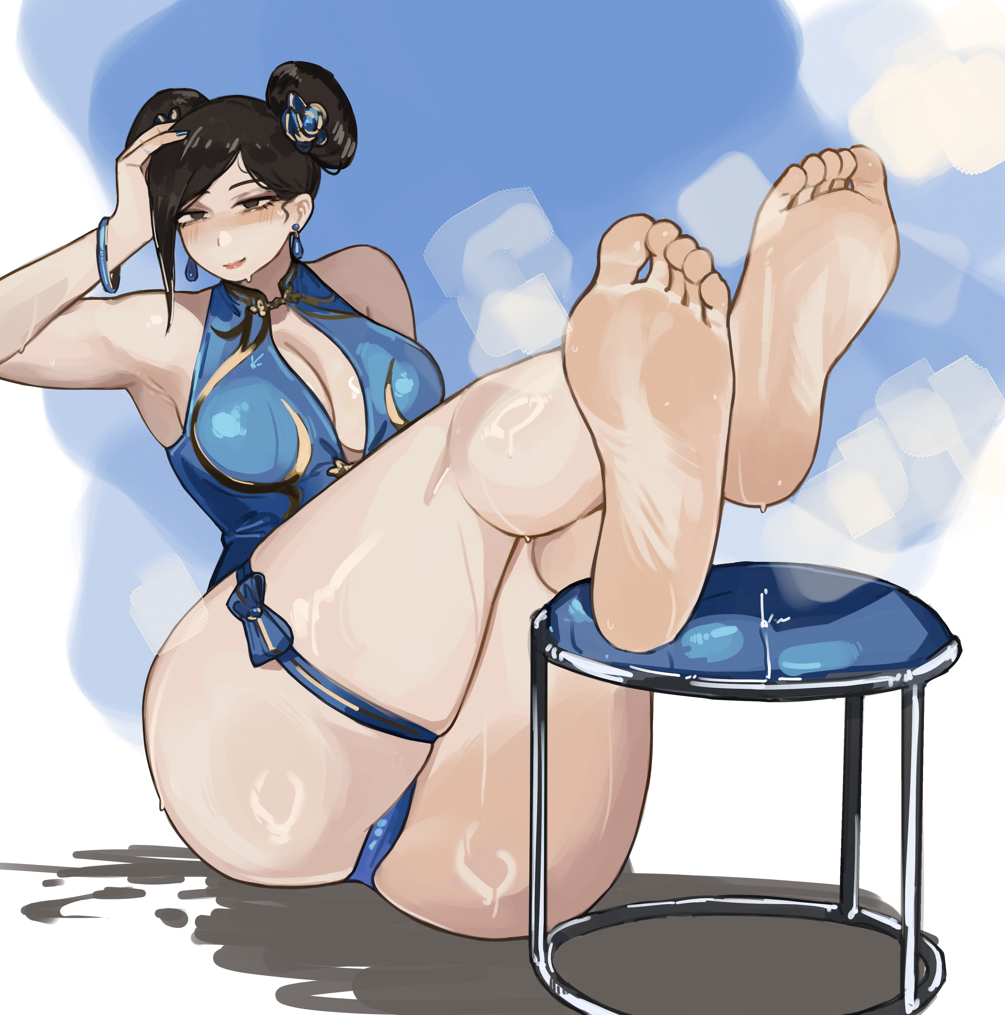 miao jiangyou, chun-li, capcom, street fighter, absurdres, highres, 1girl, barefoot, black eyes, black hair, blush, double bun, feet, hair bun, long hair, looking at viewer, smile, soles, steam, sweat, toes