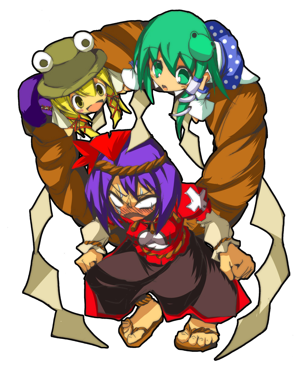 mukuroi, kochiya sanae, moriya suwako, yasaka kanako, touhou, bad id, bad pixiv id, highres, 3girls, blonde hair, detached sleeves, female focus, green eyes, green hair, hair ornament, hat, japanese clothes, leaf hair ornament, miko, multiple girls, purple hair, yellow eyes