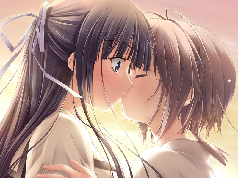 hashimoto takashi, suzuhira hiro, amatsume akira, migiwa kazuha, yosuga no sora, game cg, 2girls, black hair, blush, braid, brown hair, closed eyes, hair ribbon, incest, kiss, long hair, multiple girls, ribbon, short hair, siblings, sisters, surprised, yuri