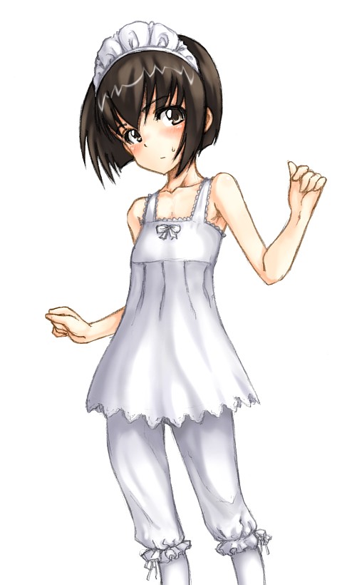 tanisi (hosimade), shirley medison, shirley (manga), 1girl, black hair, bloomers, blush, bob cut, brown eyes, brown hair, chemise, female focus, flat chest, maid, maid headdress, petticoat, short hair, socks, solo, underwear
