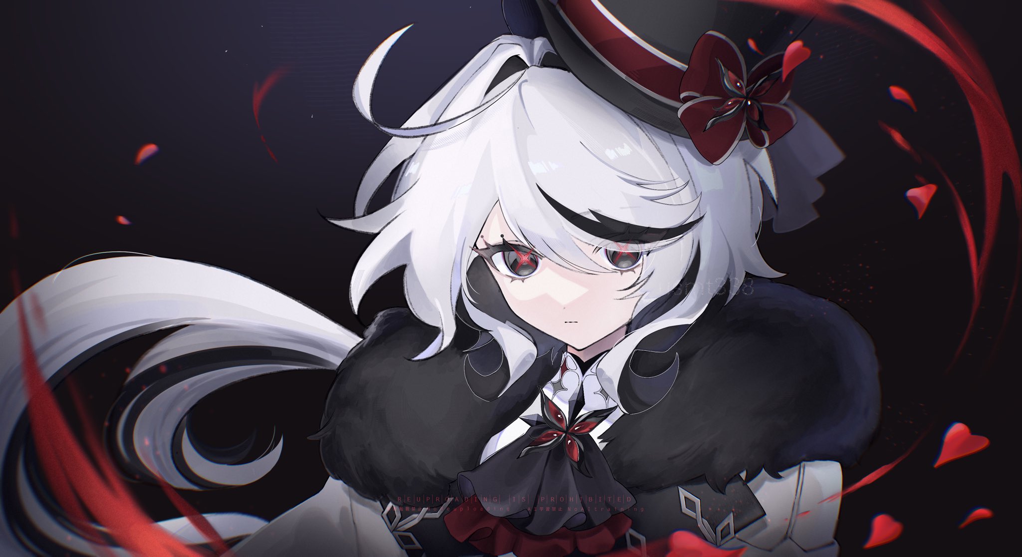 arlecchino (genshin impact), furina (genshin impact), genshin impact, hashtag-only commentary, highres, 1girl, ahoge, alternate color, alternate eye color, alternate hair color, arlecchino (genshin impact) (cosplay), artist name, ascot, black eyes, black hair, black hat, bow, closed mouth, coat, cosplay, dot nose, falling petals, fatui coat, fur-trimmed coat, fur trim, hair between eyes, hair intakes, hat, hat bow, long hair, looking at viewer, multicolored hair, petals, red bow, red petals, red pupils, solo, streaked hair, symbol-shaped pupils, top hat, two-tone hair, upper body, usmt338, watermark, white hair, x-shaped pupils