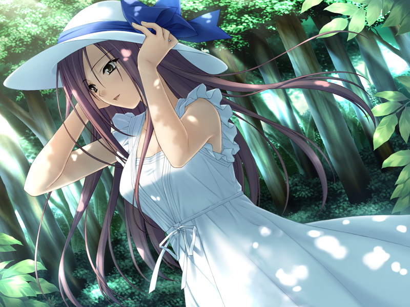 suzuhira hiro, ifukube yahiro, yosuga no sora, game cg, 1girl, arms up, bow, dappled sunlight, day, dress, dutch angle, female focus, forest, grey eyes, hat, leaf, light rays, long hair, nature, pink hair, smile, solo, standing, sun hat, sunbeam, sundress, sunlight, tree, very long hair