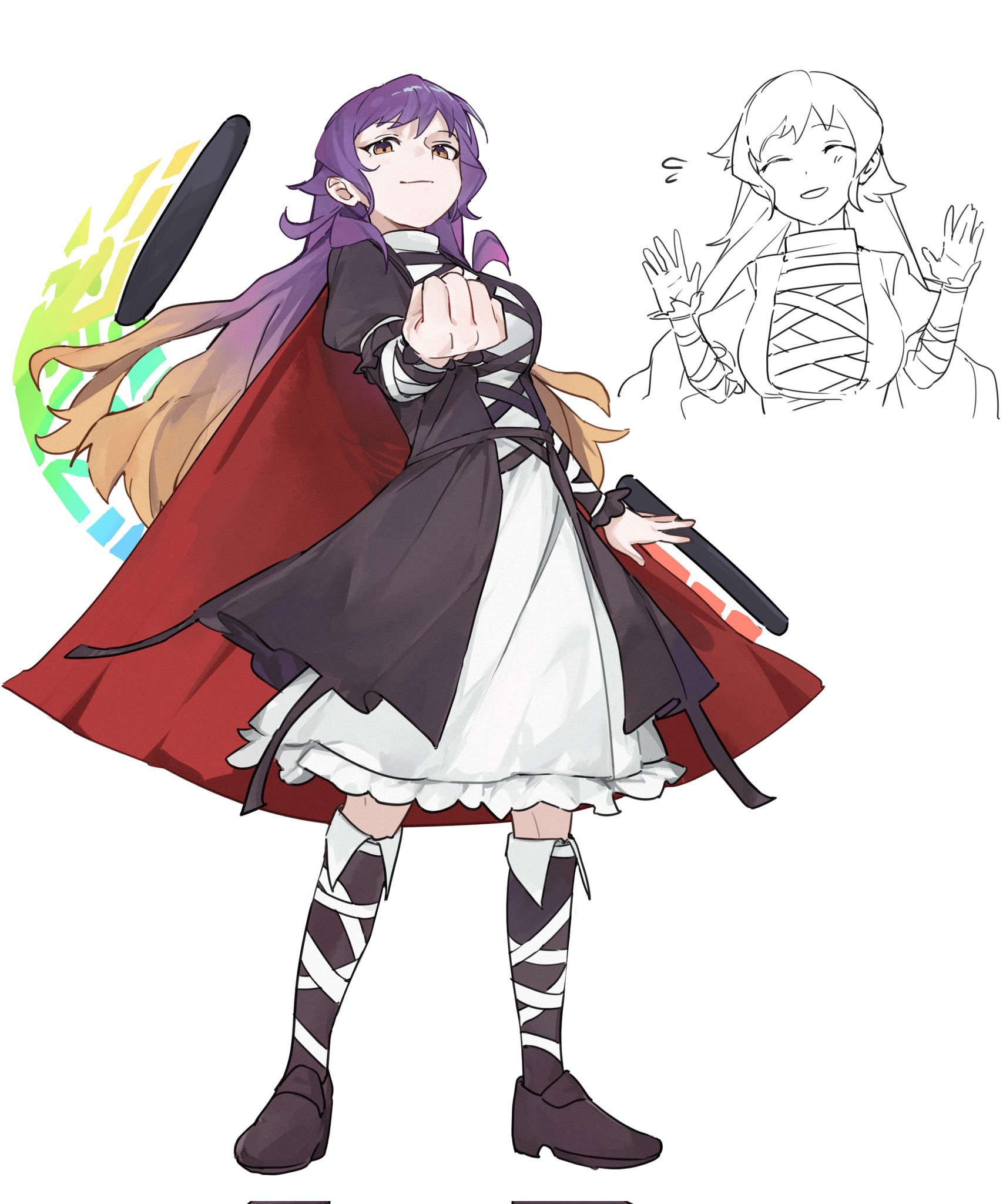 hijiri byakuren, touhou, highres, 1girl, beads, bishamonten's pagoda, black jacket, clenched hand, cross-laced clothes, dress, full body, gradient hair, jacket, layered dress, looking at viewer, multicolored hair, prayer beads, purple hair, scroll, smile, solo, sorcerer's sutra scroll, takoyaki5221, white background, white dress