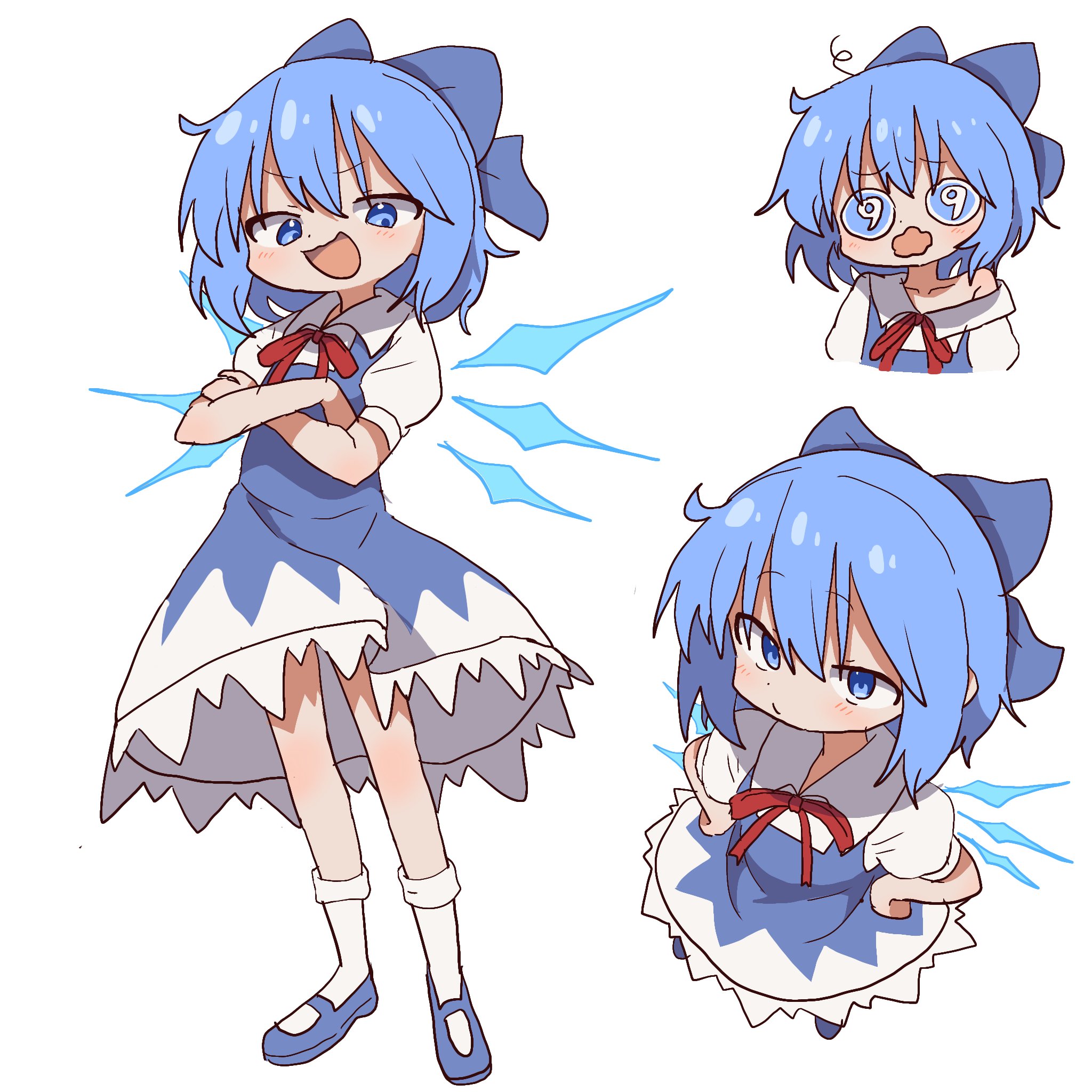 magg (user mtca8588), cirno, touhou, hashtag-only commentary, highres, 1girl, blue bow, blue dress, blue eyes, blue hair, blue shoes, bow, dress, full body, hair bow, hands on own hips, ice, ice wings, looking at viewer, mary janes, multiple views, neck ribbon, red ribbon, ribbon, shoes, short hair, simple background, socks, standing, two-tone dress, upper body, wavy mouth, white background, white dress, white socks, wings