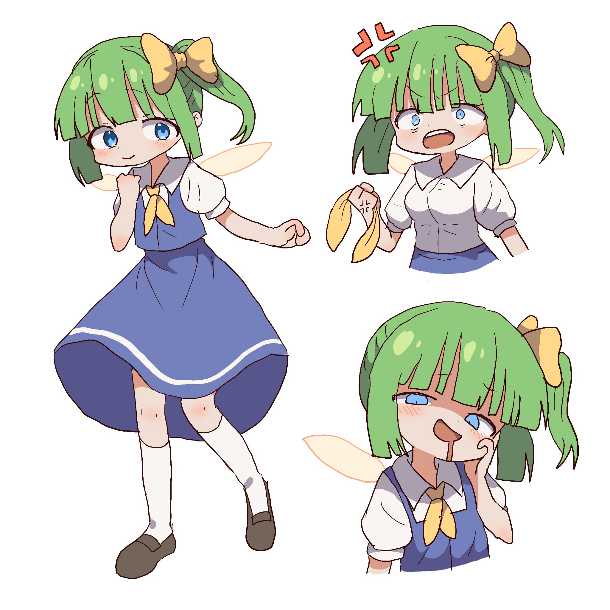 magg (user mtca8588), daiyousei, touhou, hashtag-only commentary, highres, 1girl, anger vein, blue eyes, blue shirt, blue skirt, fairy wings, full body, green hair, holding neckerchief, loafers, multiple views, neckerchief, puffy short sleeves, puffy sleeves, shirt, shoes, short sleeves, side ponytail, simple background, skirt, skirt set, smug, socks, standing, upper body, white background, white socks, wings, yellow neckerchief