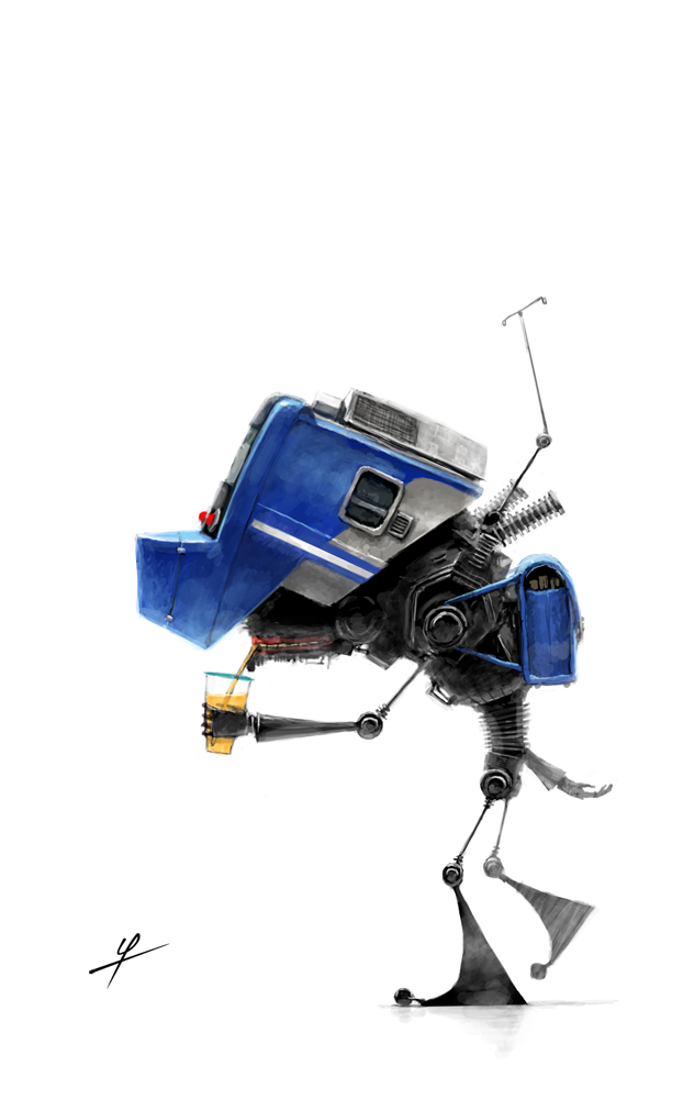 ldt, original, 1other, backpack, bag, blue bag, cup, drinking, drinking straw, drinking straw in mouth, full body, holding, holding cup, machine, simple background, solo, train, walking, white background