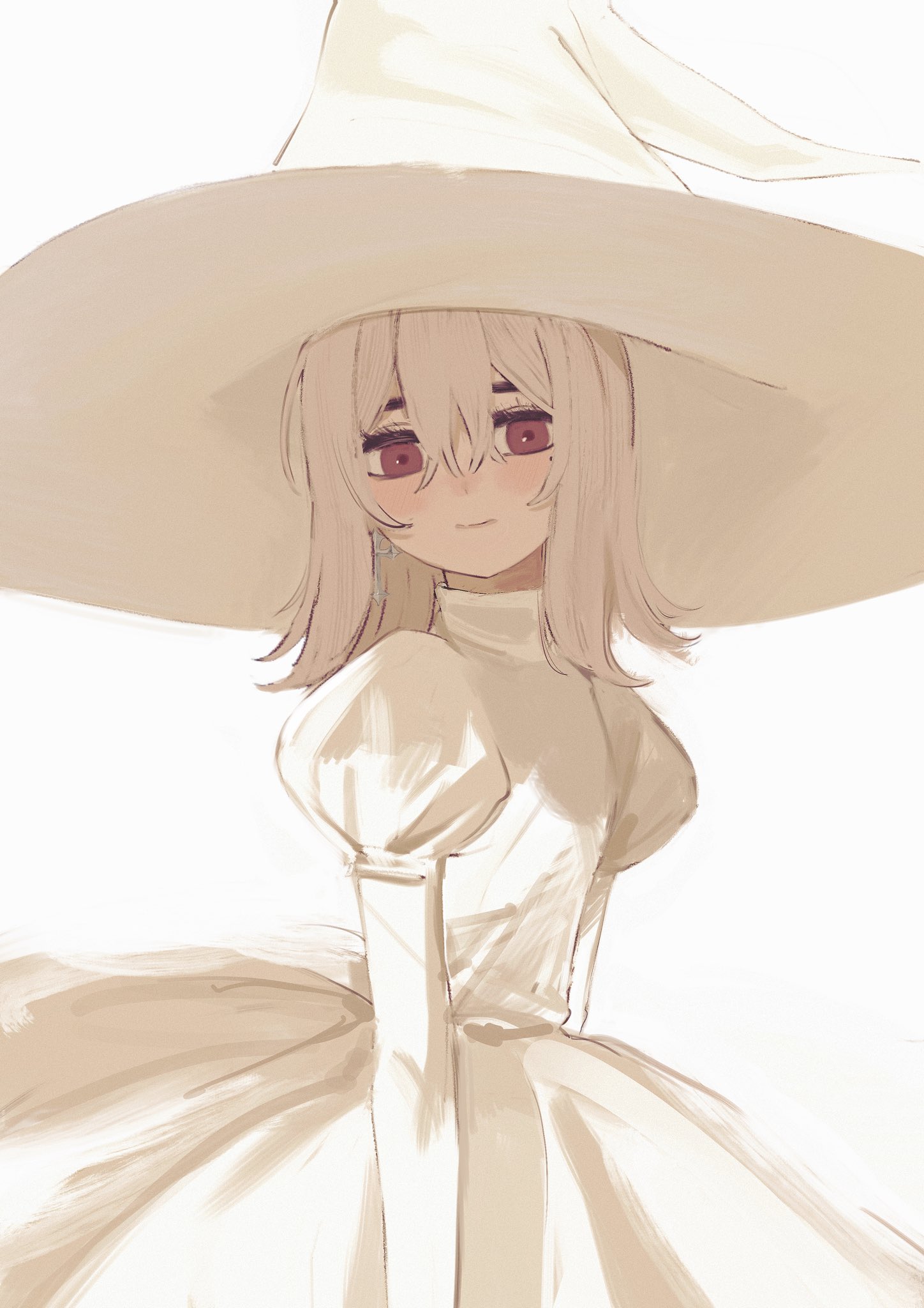 zyuki, original, commentary, english commentary, highres, 1girl, blush, closed mouth, facing viewer, hair between eyes, hat, juliet sleeves, light smile, long sleeves, looking at viewer, medium hair, puffy sleeves, red eyes, shaded face, simple background, smile, solo, white background, white hair, witch, witch hat