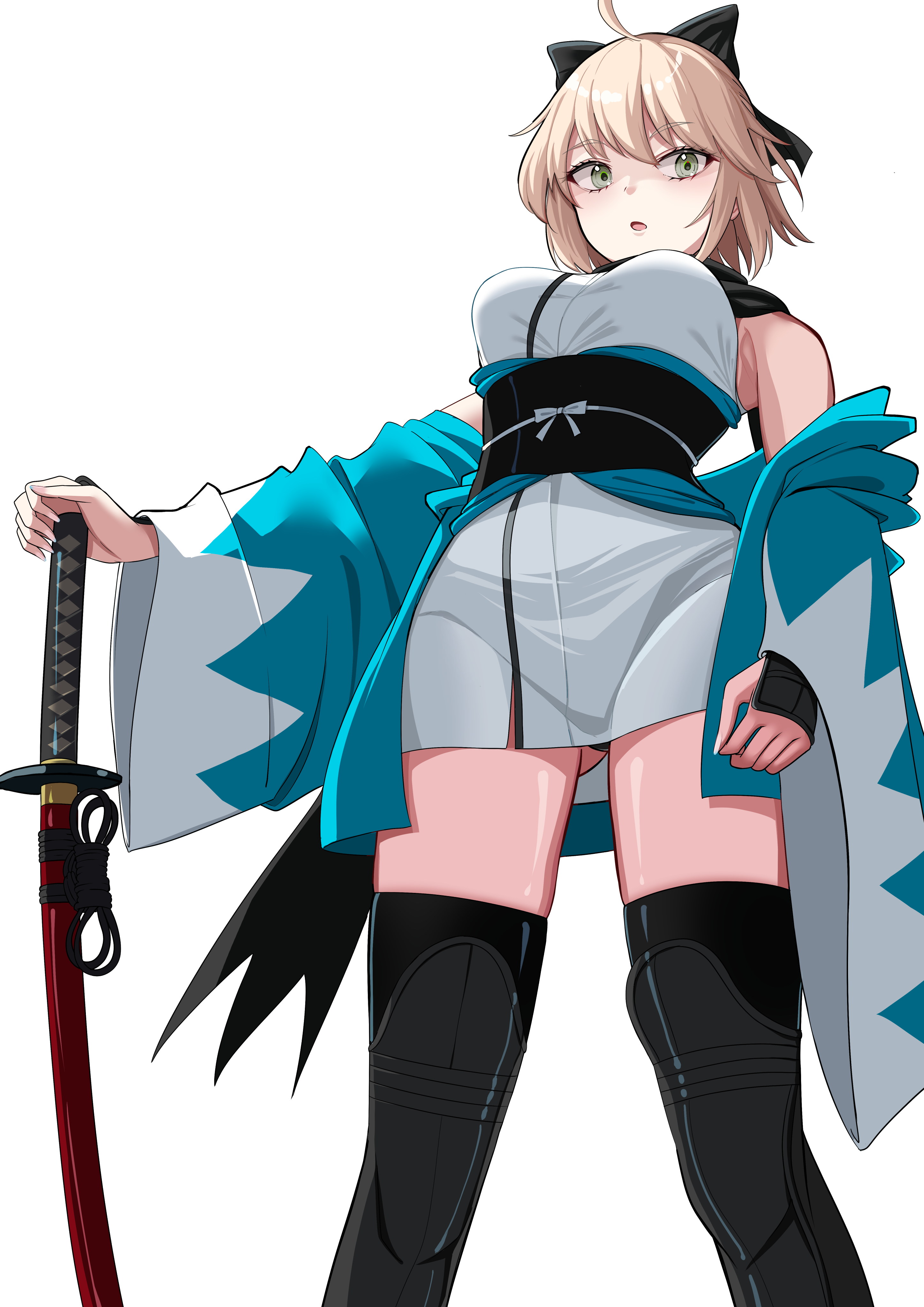 nigori (keydoor), okita souji (fate), fate/grand order, fate (series), absurdres, highres, 1girl, ahoge, arm guards, bare shoulders, black bow, black thighhighs, blonde hair, bow, breasts, detached sleeves, green eyes, hair bow, haori, japanese clothes, katana, kimono, large breasts, long sleeves, looking at viewer, obi, off shoulder, okita souji (third ascension) (fate), open mouth, sash, short hair, short kimono, sleeveless, sleeveless kimono, solo, sword, thighhighs, thighs, weapon, white kimono, wide sleeves